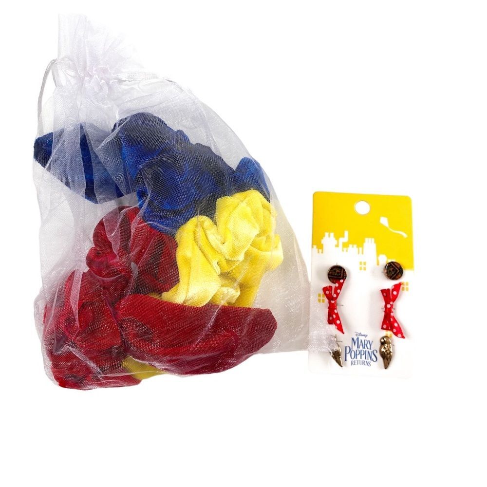 Disney Mary Poppins Movie Stud Earrings & Velvet Bow Scrunchie Bundle